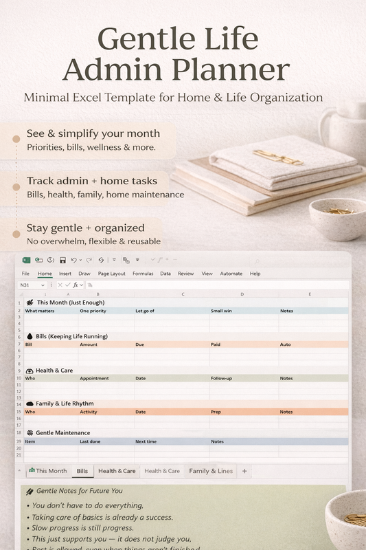 Gentle Life Admin Planner (Excel) — Minimal Home & Life Organizer